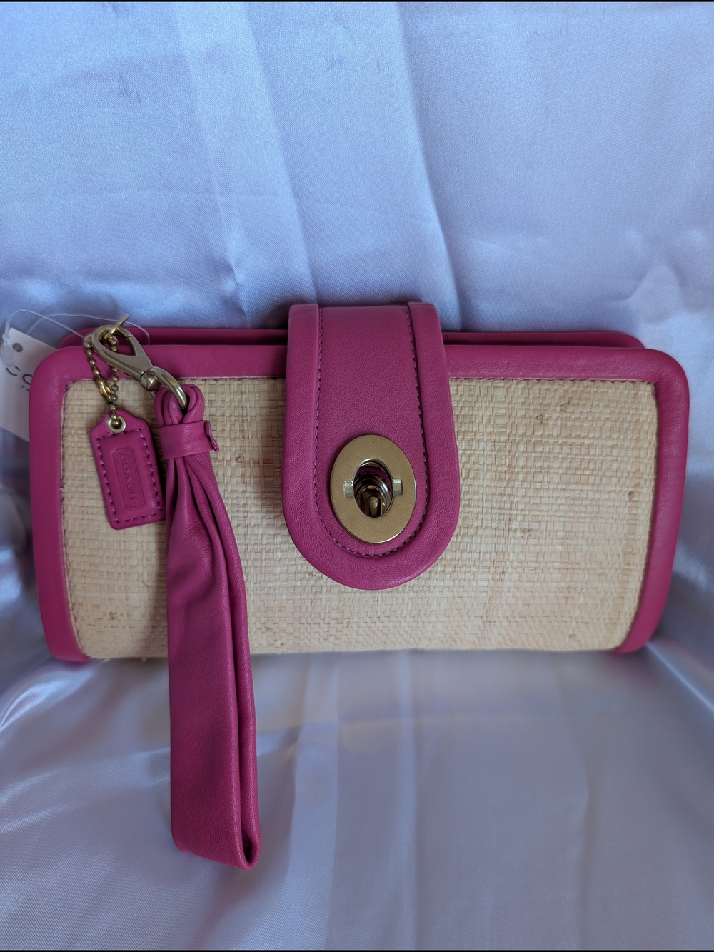 Coach Parker Straw & Pink Leather Turnlock Clutch Wristlet #42474 - Picture 3 of 6
